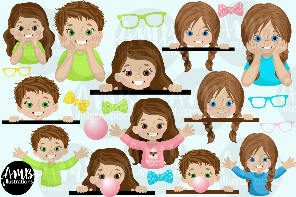 Cartoon children with expressive faces, colorful clothes, glasses, bows, and bubblegum-playful vector illustrations for kids' content.