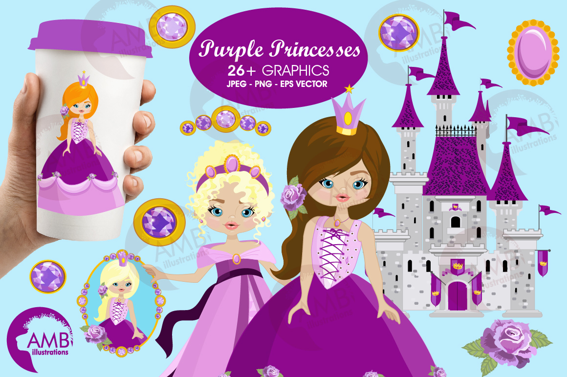 Purple princess clipart set featuring cartoon princesses, castle, gems, roses, and printable designs on a cup and mirror.