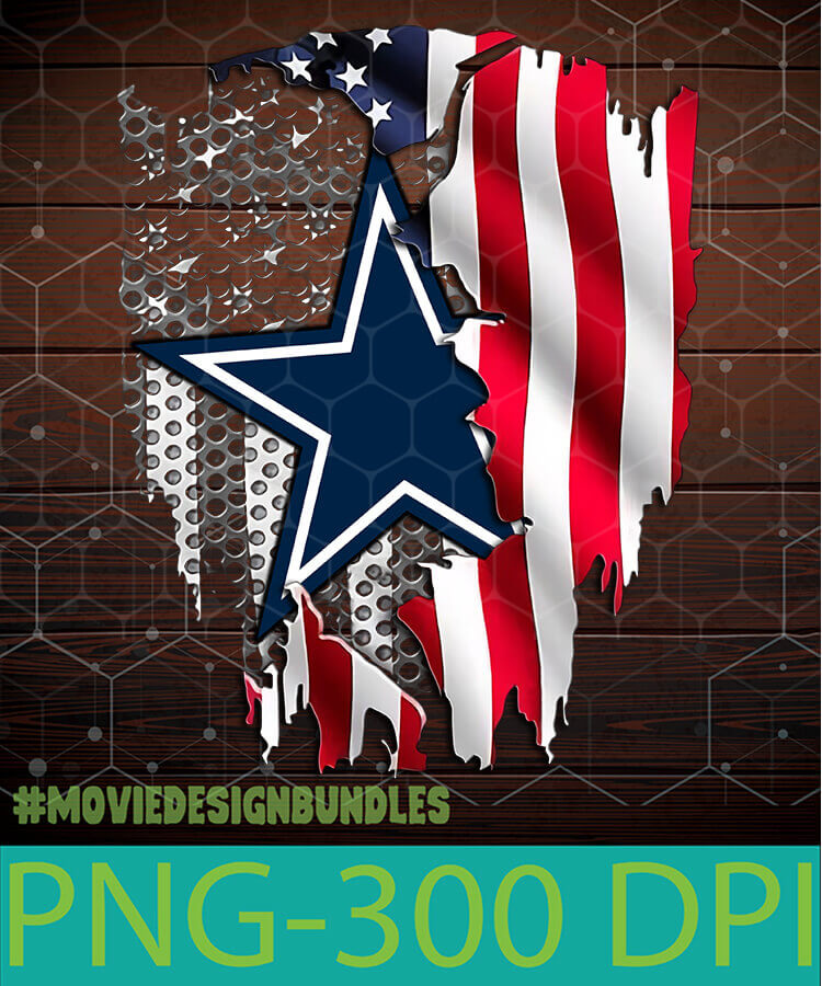 Dallas Cowboys star logo merged with distressed American flag on hexagonal wood background, PNG 300 DPI design bundle.
