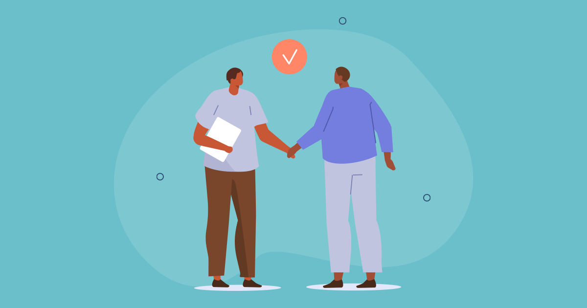 Two people shaking hands with a checkmark icon above, symbolizing agreement or successful collaboration.