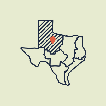 Illustrated map of Texas highlighting the Panhandle region with a location pin.