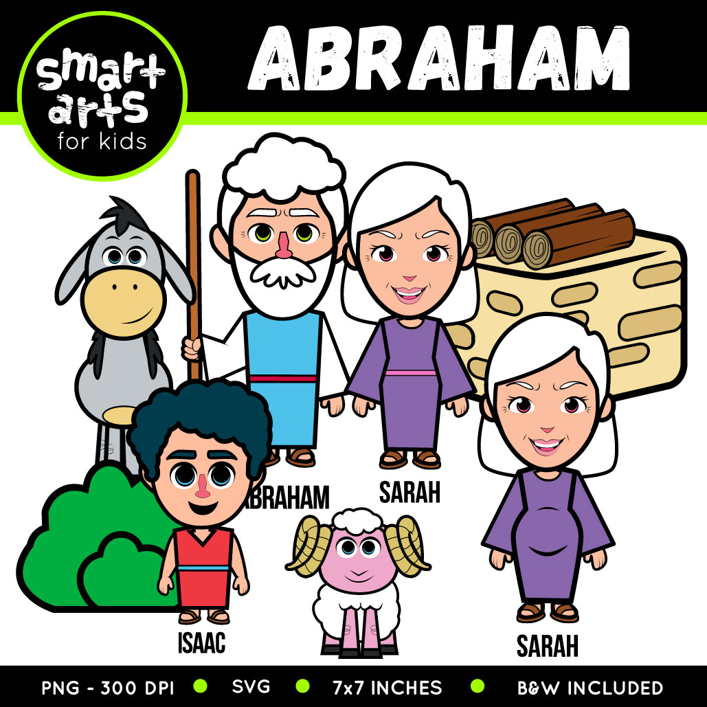 Cartoon illustration of Abraham, Sarah, Isaac, a donkey, a ram, and a stone altar with logs-Bible story clipart for kids.