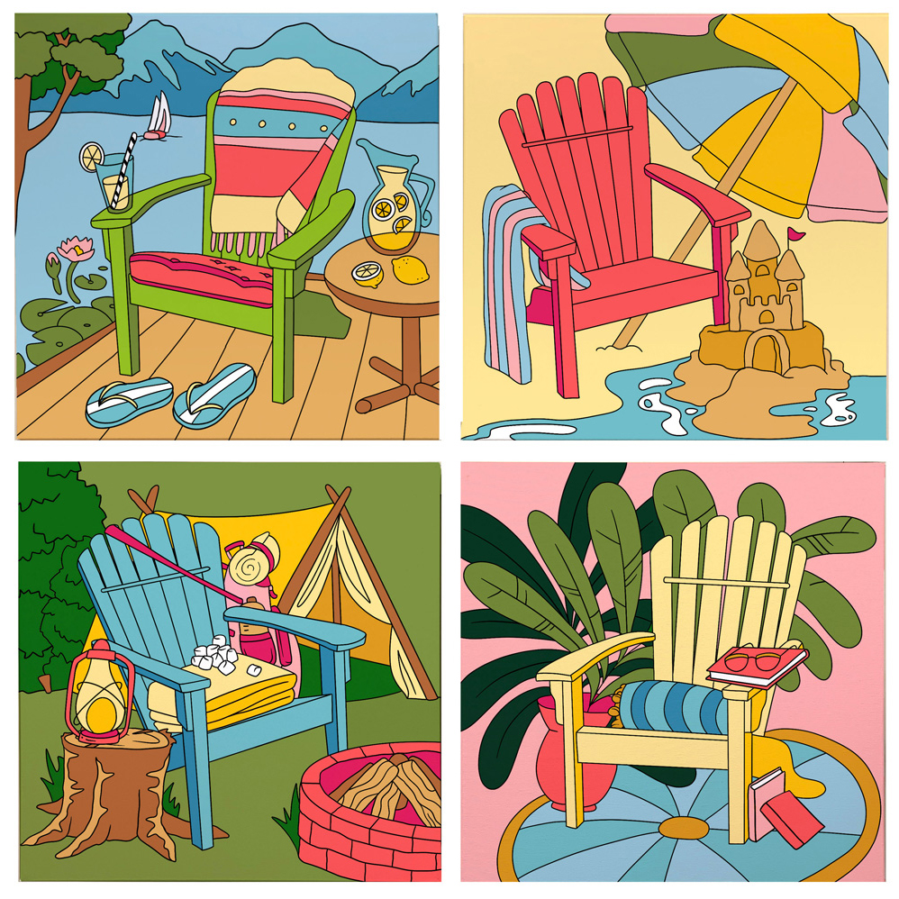 Four colorful illustrations of Adirondack chairs in summer scenes: lakeside, beach, campsite, and garden.