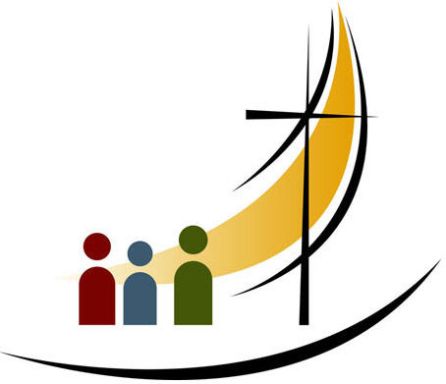 Stylized Christian cross with golden swoosh and three colorful figures representing a diverse community.