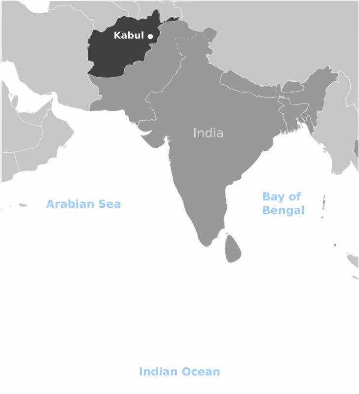 Map highlighting Afghanistan with Kabul marked, surrounded by India, Arabian Sea, Bay of Bengal, and Indian Ocean.