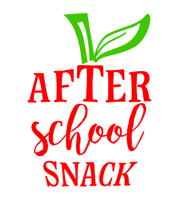 Red text "AFTER school SNACK" with green leafy apple stem on black background.