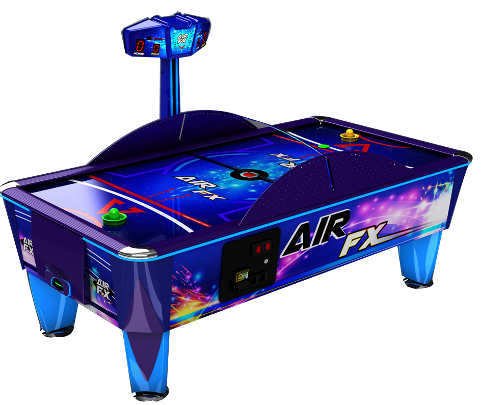 Air FX air hockey table with digital scoreboard, vibrant blue and purple design, and glowing graphics.