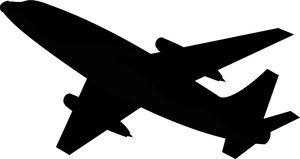 Black silhouette of a commercial jet airplane in flight, viewed from below at an angle.