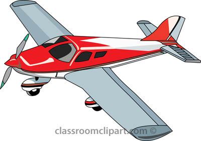 Red and white single-engine propeller airplane clipart with gray wings and tail, viewed from side angle.