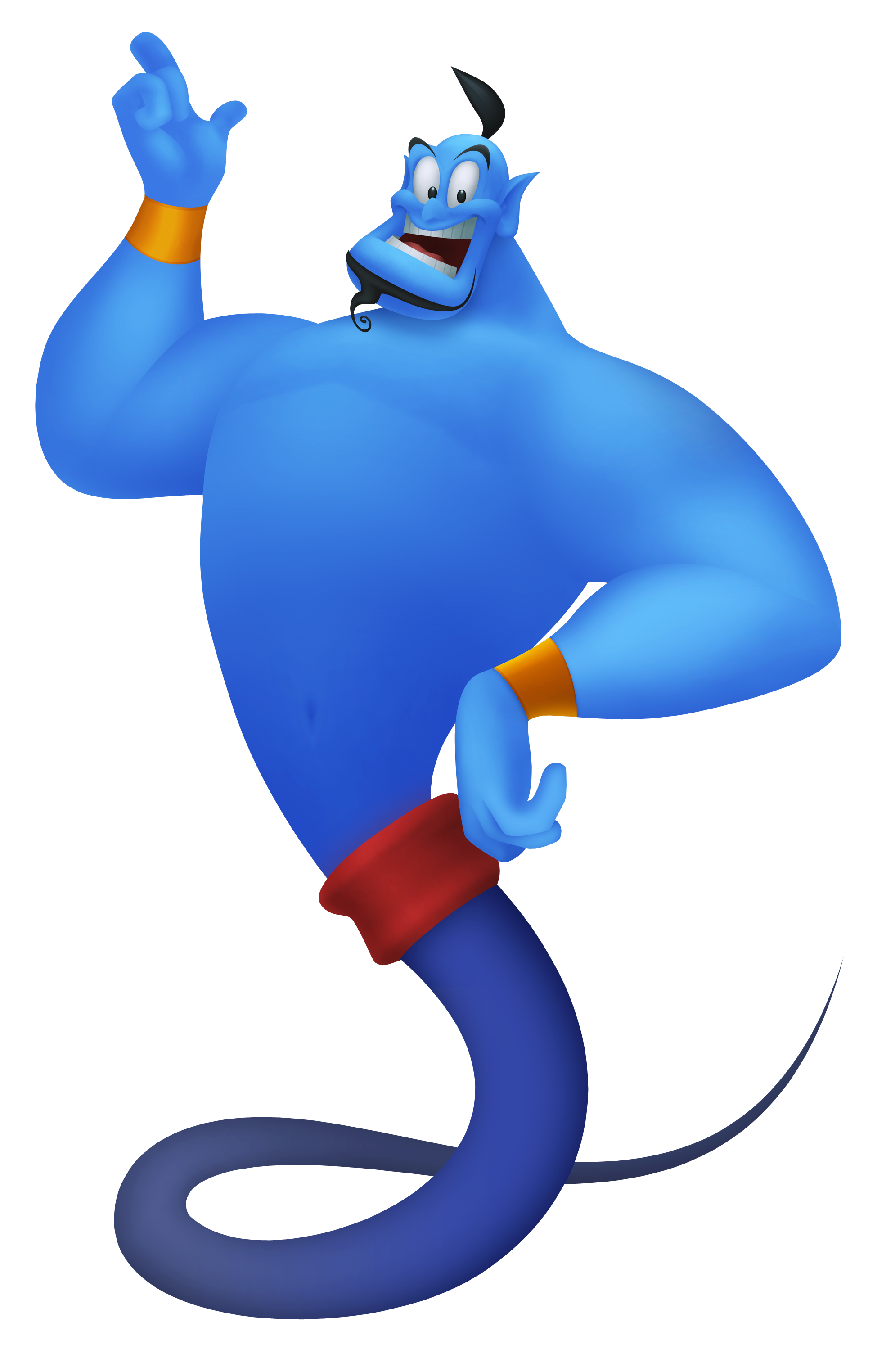 Blue cartoon genie with a wide grin, pointing upward, wearing orange wristbands and a red sash.