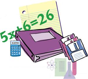 Educational illustration with math equation 5×5+6=26, calculator, binder, floppy disks, atom diagram, and lined paper.
