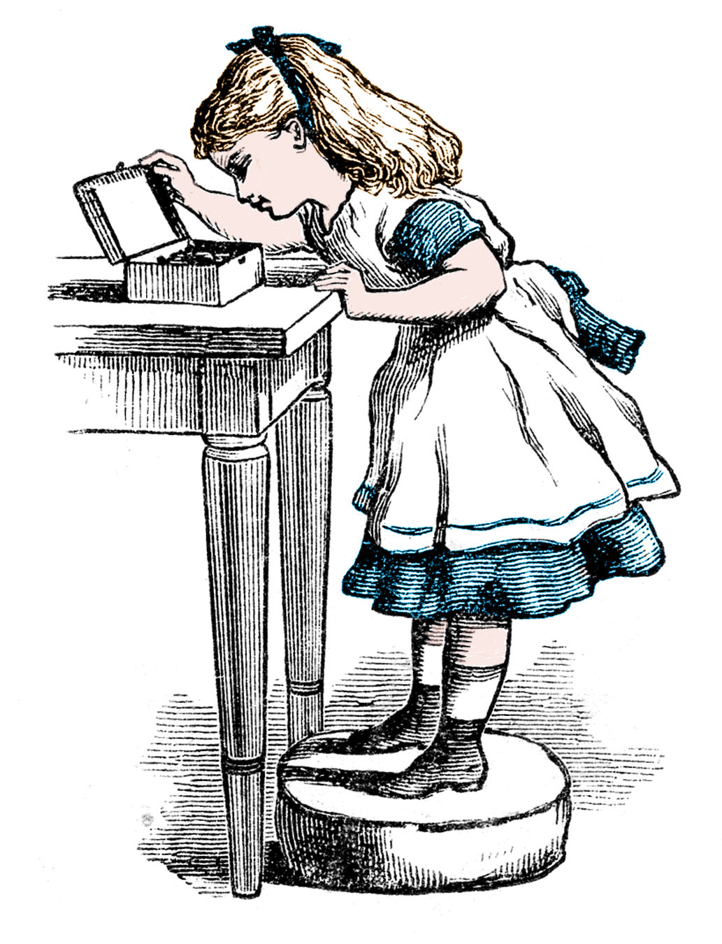 Vintage Illustration of Girl Opening a Box - Classic Children’s Book Art