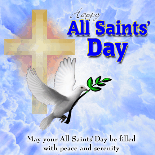 White dove with olive branch flying near golden cross against cloudy sky, celebrating All Saints' Day with peace and serenity.