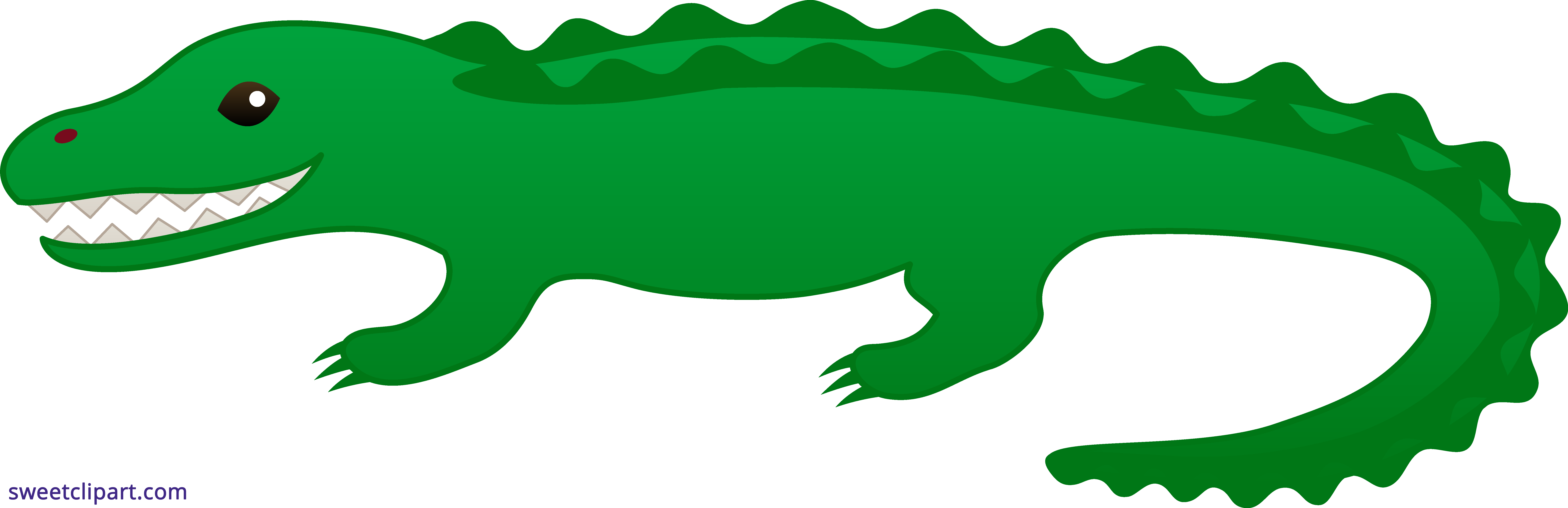 Friendly green cartoon alligator with open mouth, sharp teeth, and smiling expression on transparent background.