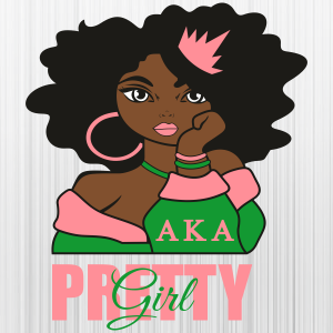 Illustration of a Black woman with afro hair, pink crown, hoop earrings, wearing green and pink AKA sorority attire with "PRETTY Girl" text.