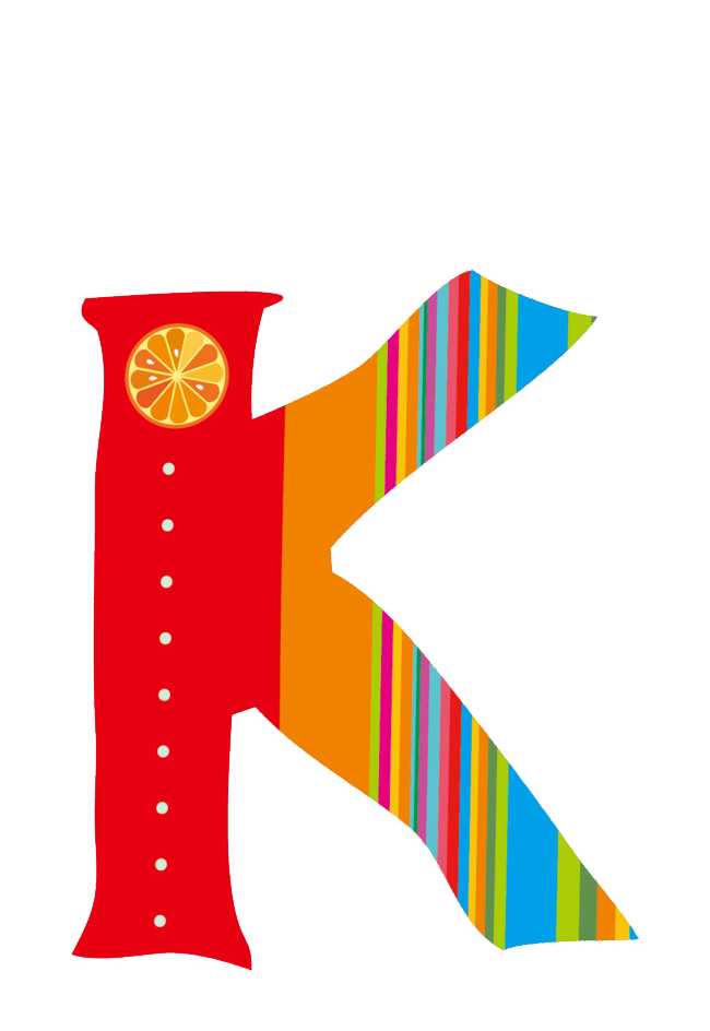 A vibrant, stylized uppercase letter K with a red left stem featuring white dots and an orange slice, and a multicolored striped diagonal arm.