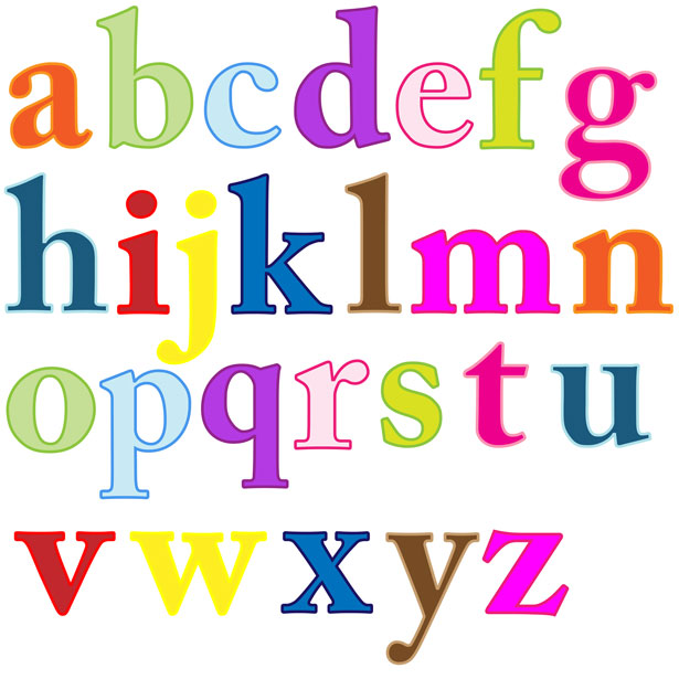 Colorful lowercase alphabet letters a-z arranged in four rows on white background.