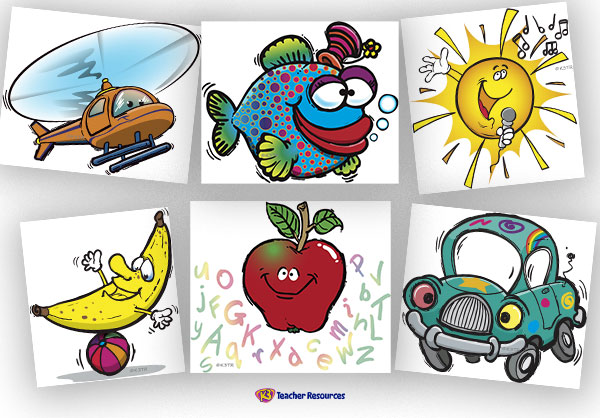Six colorful cartoon illustrations: helicopter, fish, sun, banana, apple with alphabet, and car-designed for early childhood education.