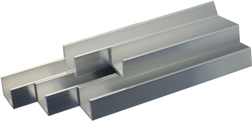 Stack of silver aluminum U-channel extrusions on black background, showing clean edges and uniform profiles.