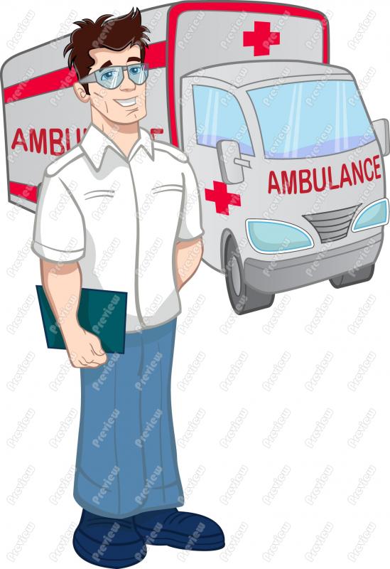 Cartoon paramedic standing confidently in front of an ambulance, holding a clipboard and wearing glasses and uniform.