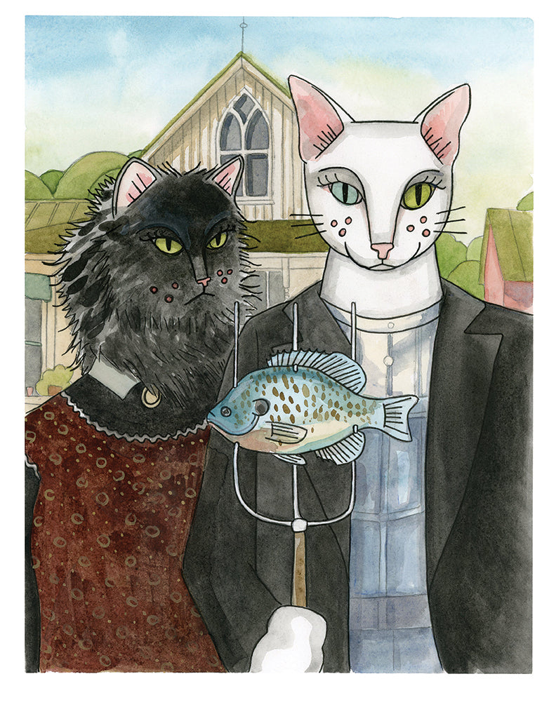 Two anthropomorphic cats dressed in vintage clothing pose solemnly; one holds a fish on a fork, with a church in the background.