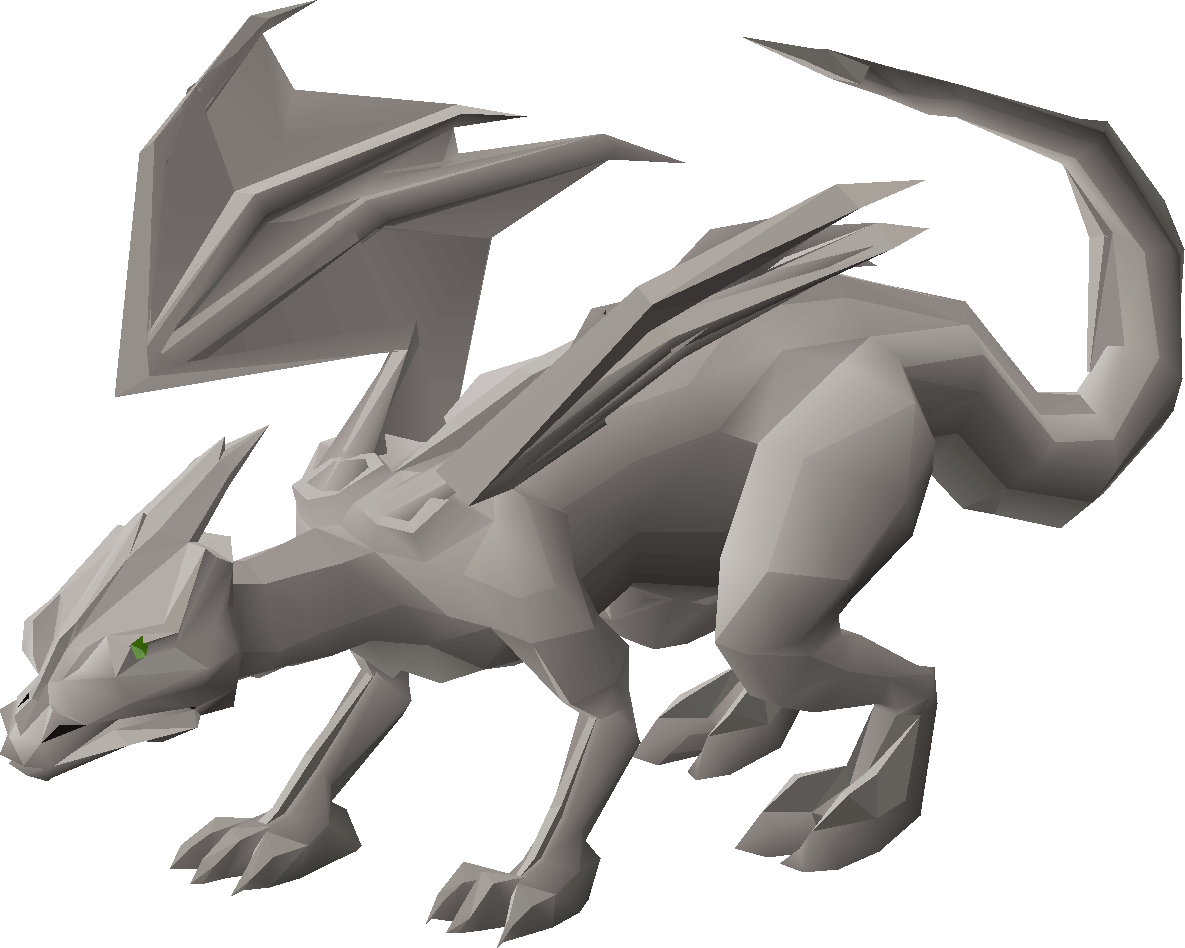 Low-poly stone dragon with green eye, angular wings and spiked back, posed mid-stride against black background.
