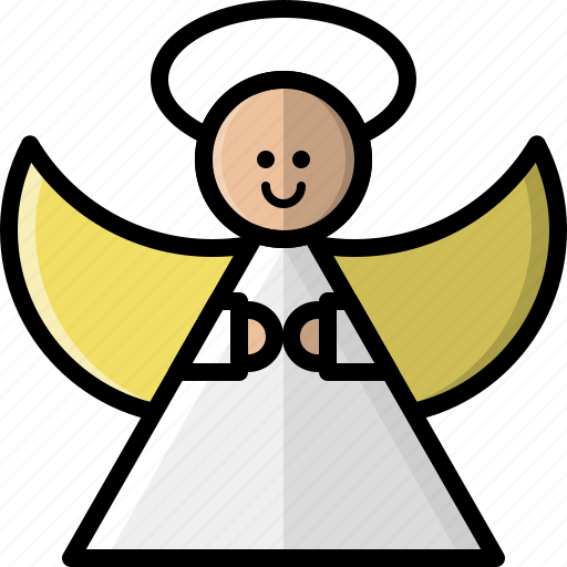 Stylized cartoon angel with halo, wings, and white robe, smiling gently against a striped background.