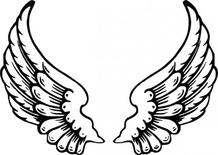 Symmetrical black-and-white line art of angel wings with detailed feather layers and elegant curves.