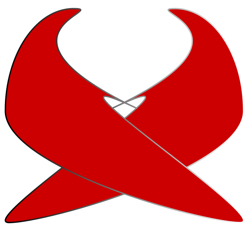 Red stylized X-shaped logo with curved horns and central knot on black background.