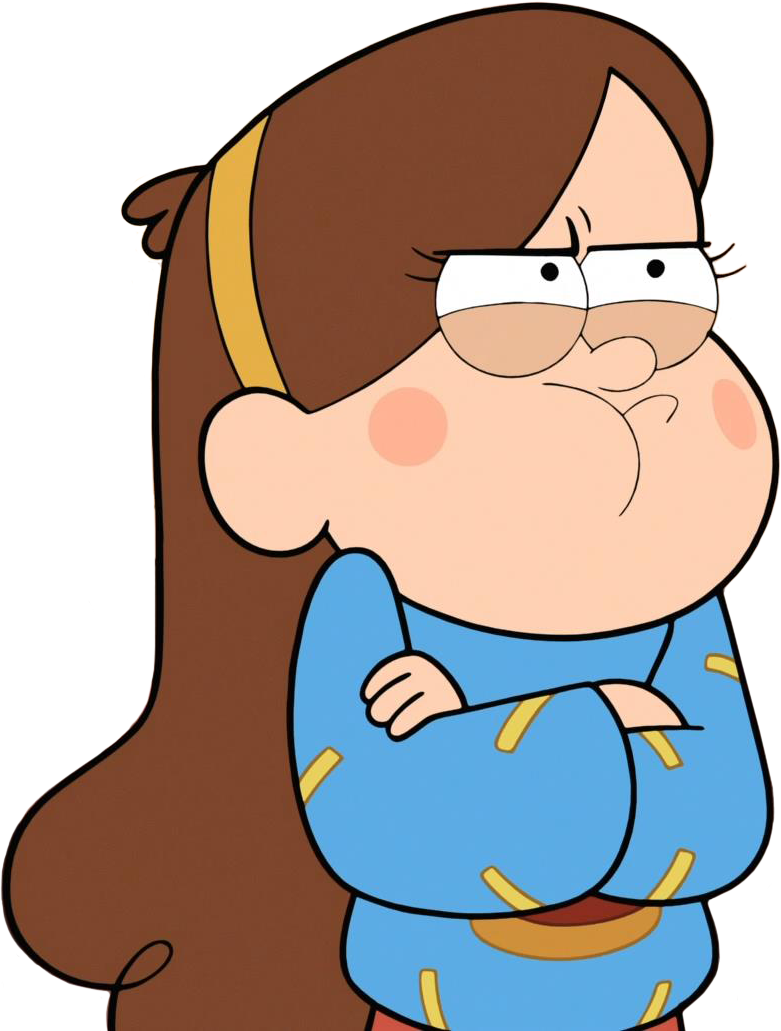 Mabel Pines from Gravity Falls with arms crossed, wearing glasses and a blue sweater, looking skeptical and annoyed.
