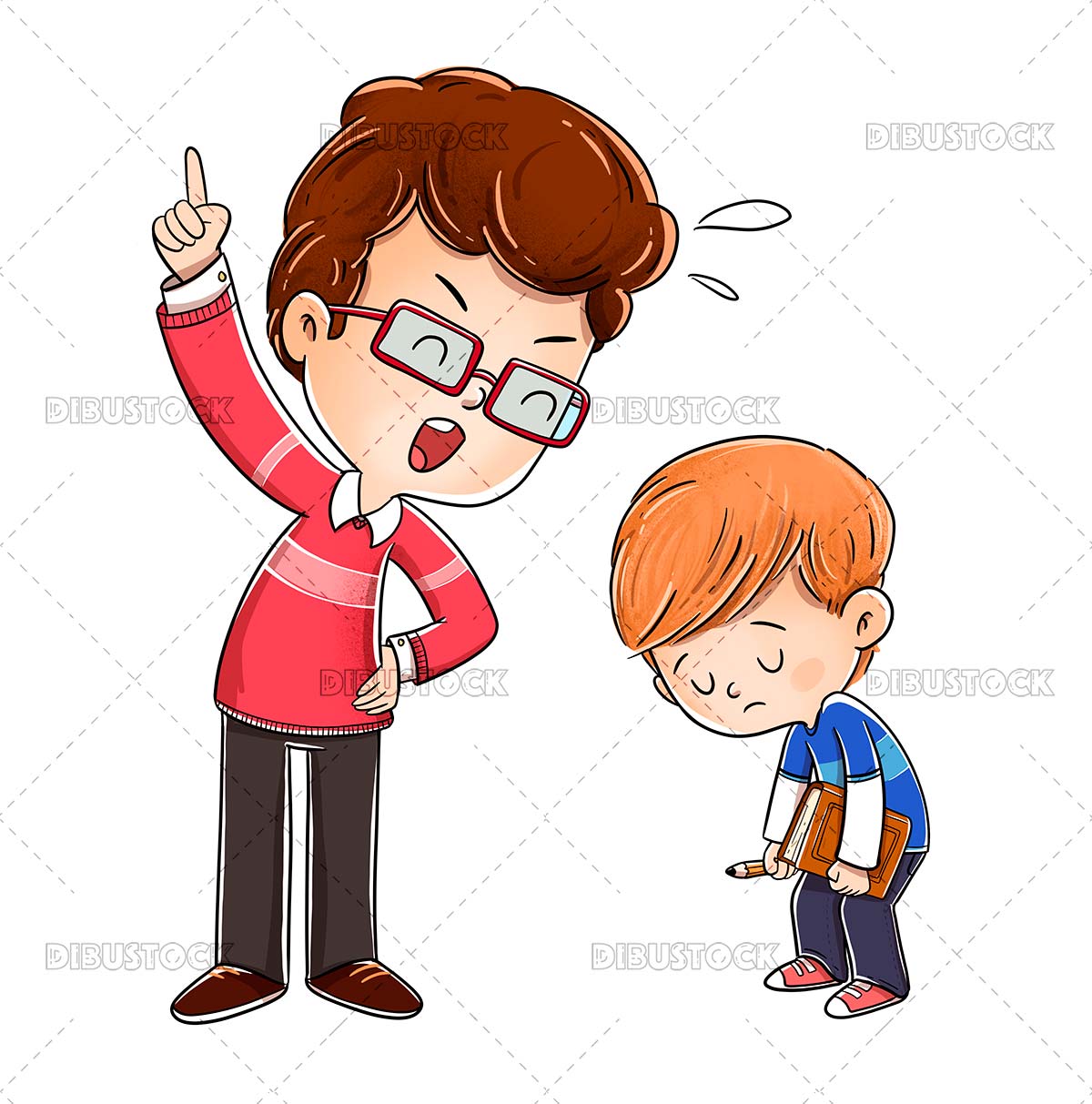 A stern teacher scolds a低头 student holding a book and pencil, illustrating discipline or classroom correction.