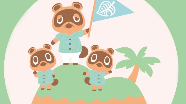 Three anthropomorphic raccoon characters in matching shirts stand on a tropical island with a palm tree and leaf flag.
