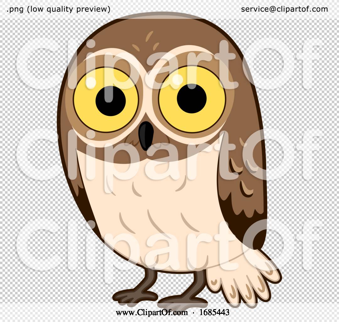 Cute cartoon owl with large yellow eyes, brown and cream feathers, standing upright on transparent background.