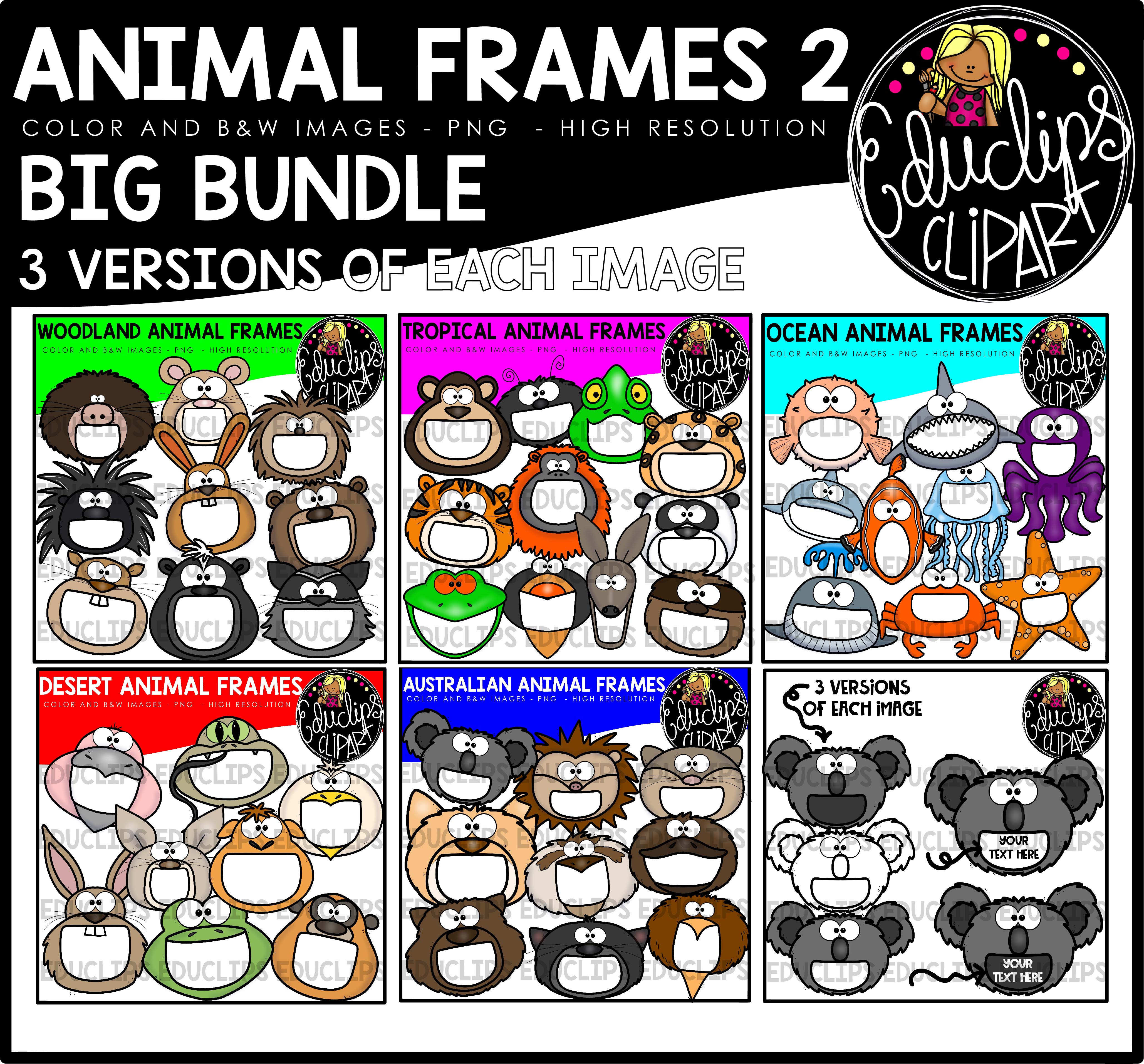 Animal frames clipart bundle with woodland, tropical, ocean, desert, and Australian animals in color, B&W, and line art versions.