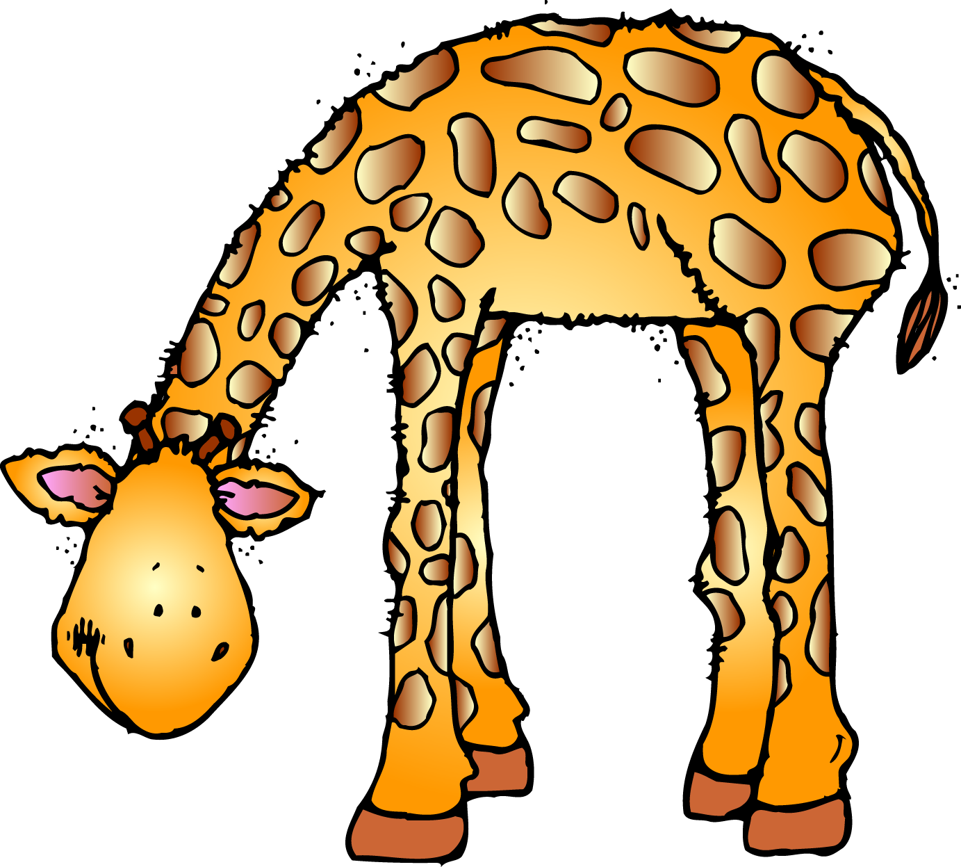 Cartoon giraffe bending down with long neck and spotted coat, smiling face, pink inner ears.
