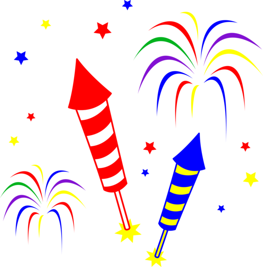Colorful fireworks and rockets bursting against a black night sky with scattered stars.