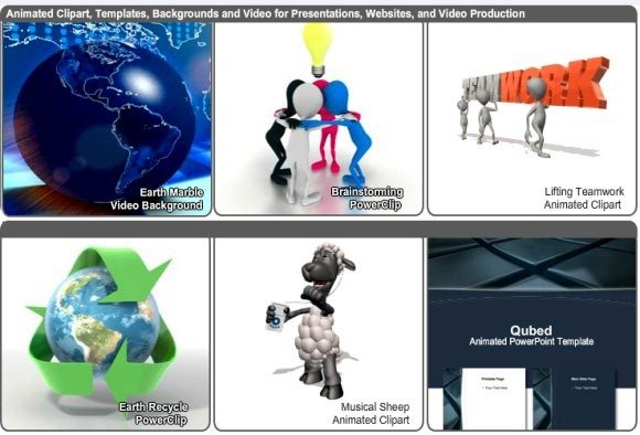 Collection of six animated clipart and PowerPoint templates including Earth, teamwork, recycling, musical sheep, and Qubed presentation design.
