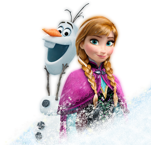 Anna and Olaf from Frozen standing together in snow, smiling warmly.
