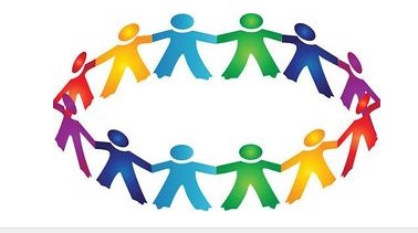 Colorful stick figures holding hands in a circle, symbolizing unity and diversity.
