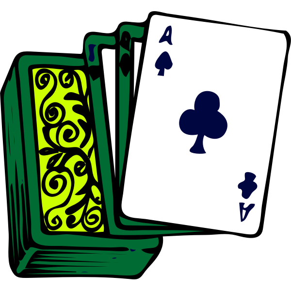Ace of Clubs card fanned out with ornate green-backed playing cards behind it on black background.