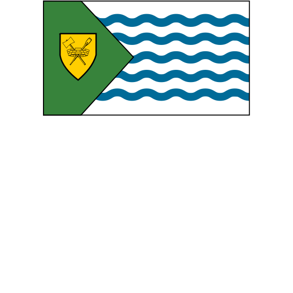 Flag of Wiesent, Germany: green triangle with yellow shield bearing crossed oars, hammer, and brickwork.