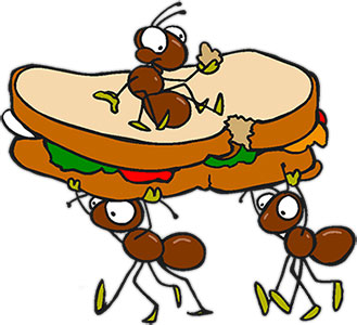 Three ants carrying a giant sandwich with lettuce, tomato, and cheese; one ant sits atop it eating crumbs.
