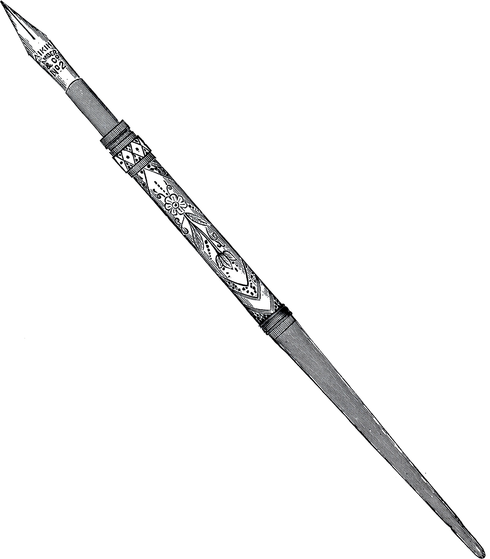 Vintage ornate fountain pen with floral engraving and "Aikin Lambert & Co. No 2" nib inscription.