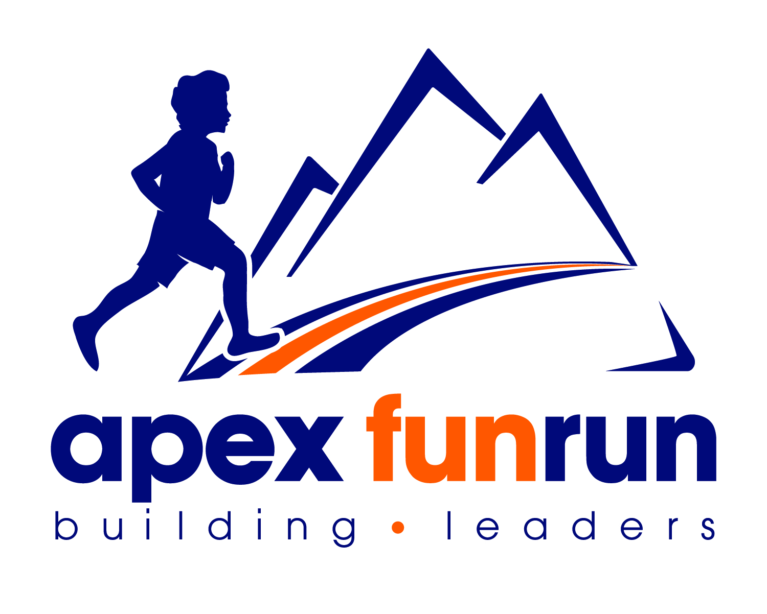 Blue silhouette of a runner ascending a mountain path with orange and blue trail lines; logo for Apex Fun Run.