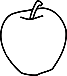 White silhouette of an apple with stem and leaf on black background.