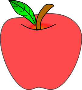 Bright red cartoon apple with a green leaf and brown stem on black background.