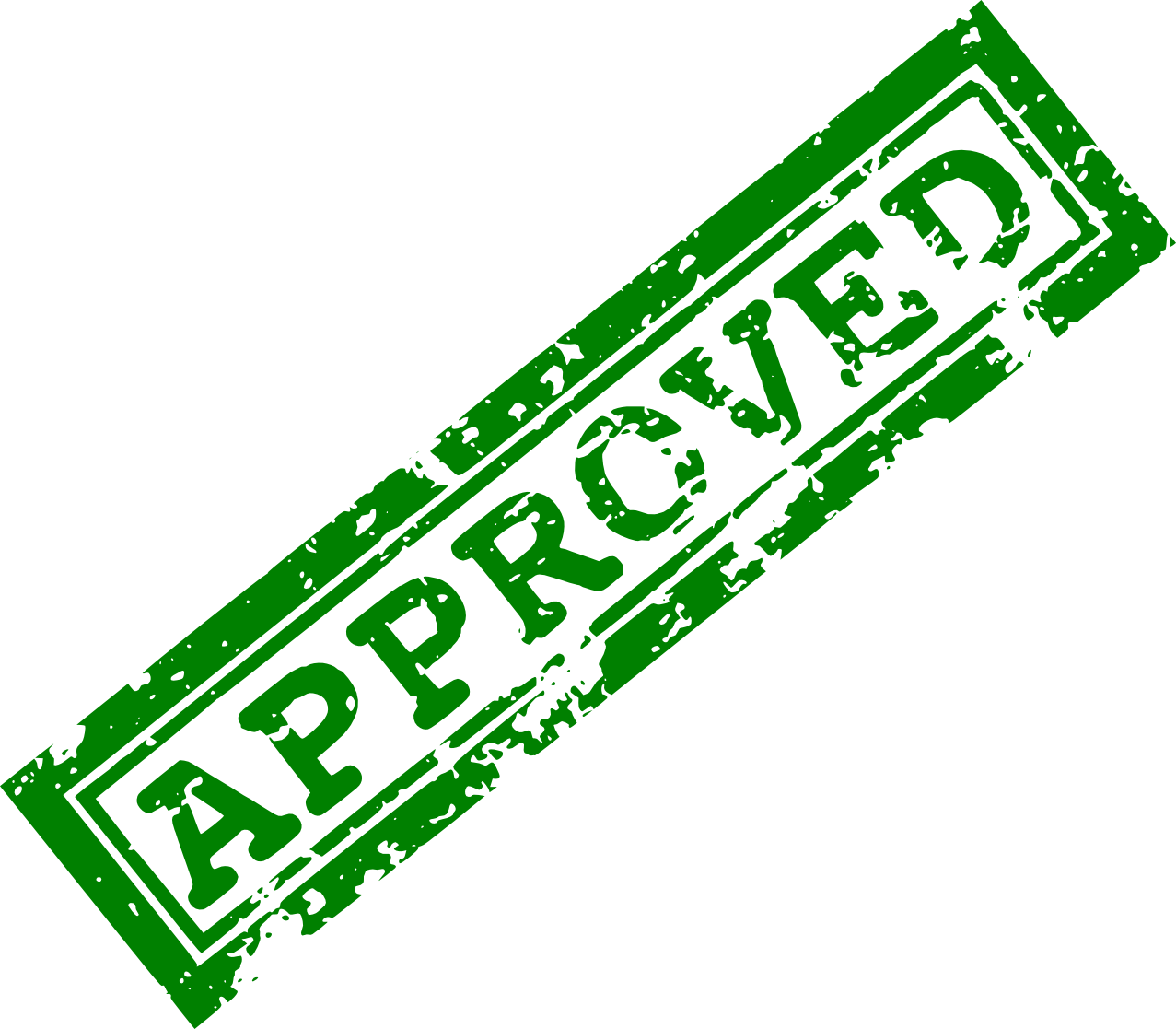 Green "APPROVED" stamp with distressed texture, angled on white background.