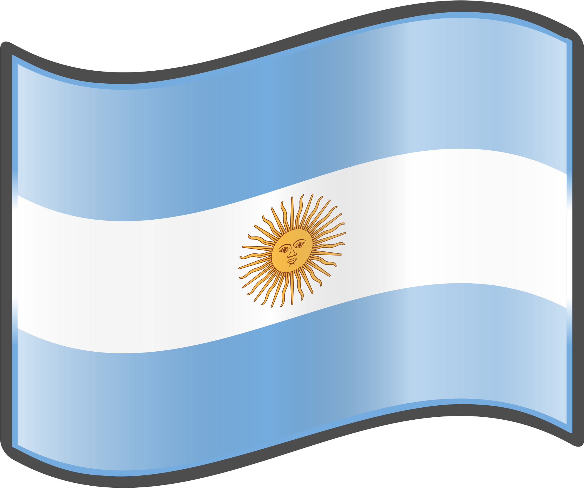 Waving flag of Argentina with light blue and white stripes and the Sun of May emblem at center.