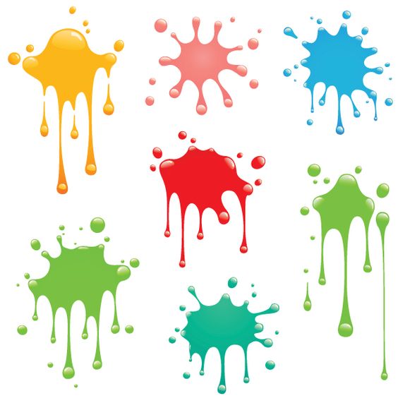 Seven vibrant paint splatter illustrations in yellow, pink, blue, red, green, and teal on white background.