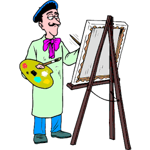 Cartoon artist with beret, bowtie, and palette painting on easel.